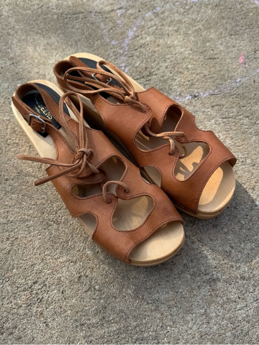 Swedish Hasbeens Brown Leather Lace-Up Platform Sandals